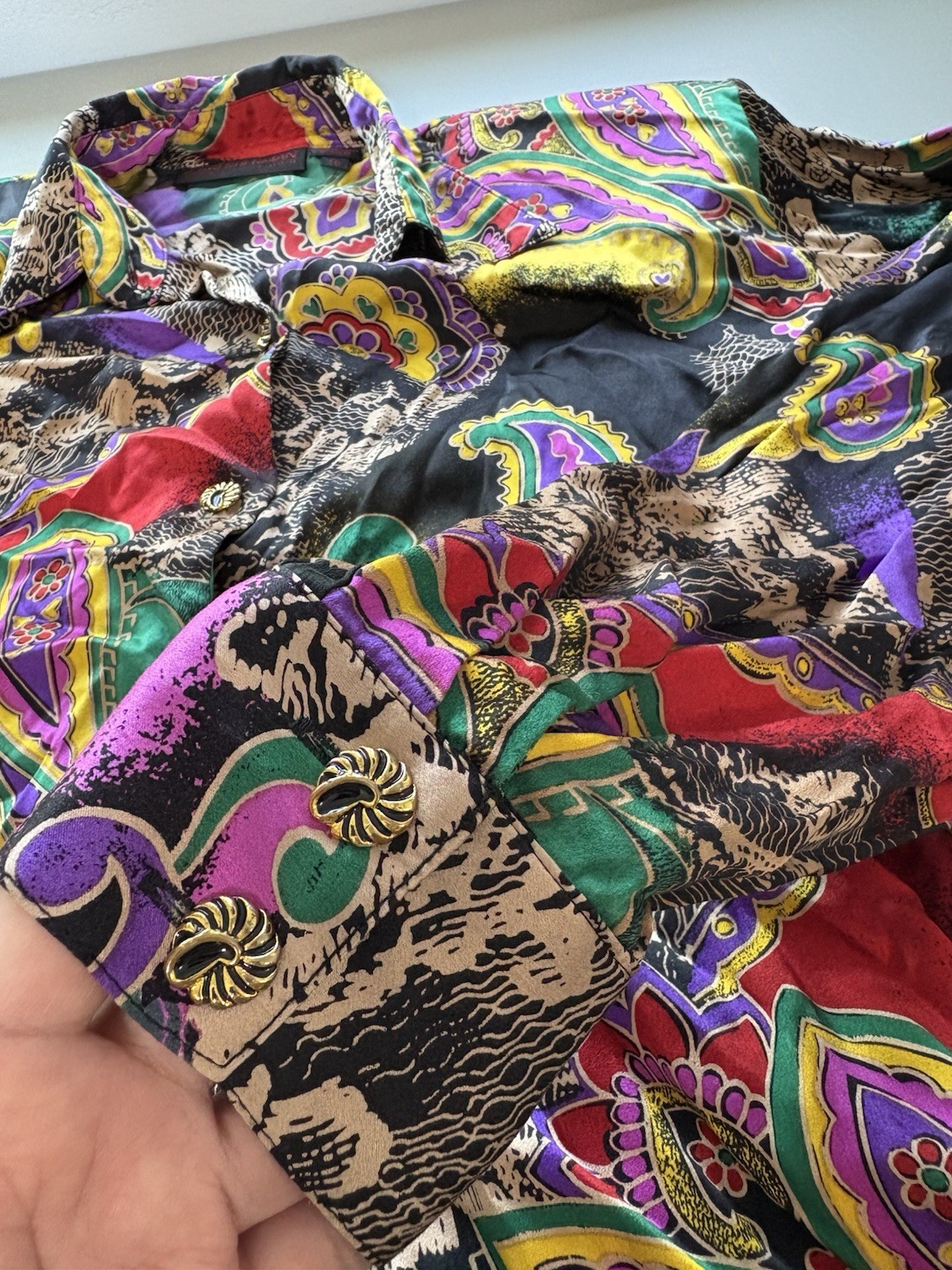 Vintage Jerri Sherman Collection Floral Paisley Multicolor Silk Shirt Blouse Top