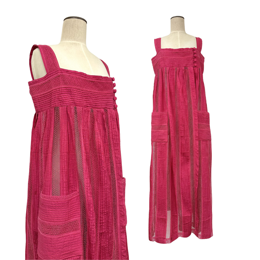 Vintage 1970s Hot Pink Mexican Pintuck Bobbin Lace Striped Wrap Lounge Maxi