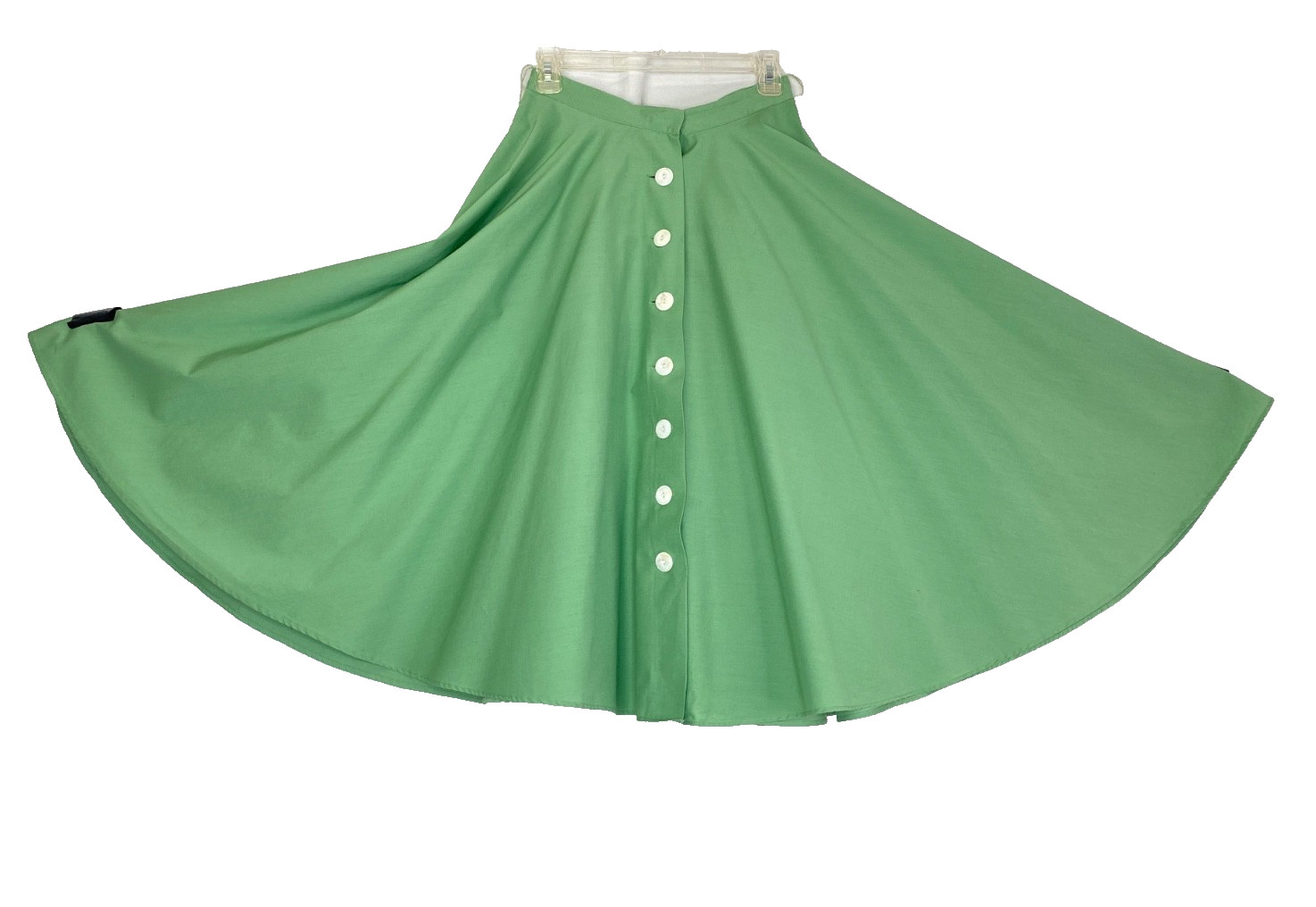 Vintage 1950s sage green circle skirt S mother of pearl buttons pockets midi