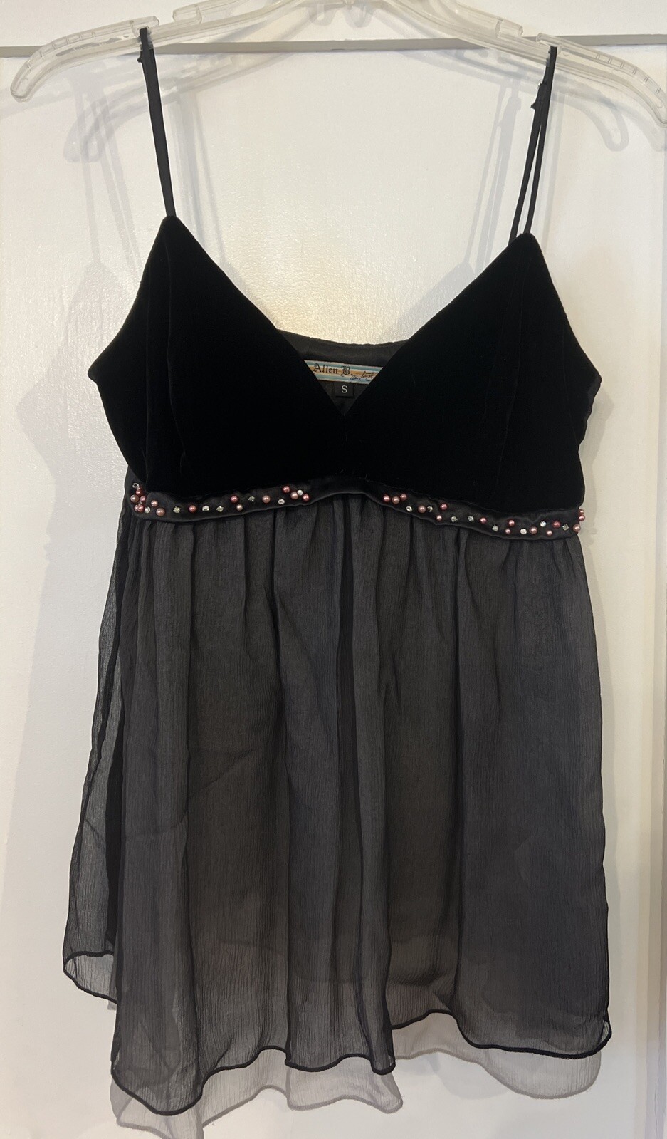 VTG Allen B. Allen Schwartz Women’s Silk & Velvet Beaded Babydoll Blouse Sz S