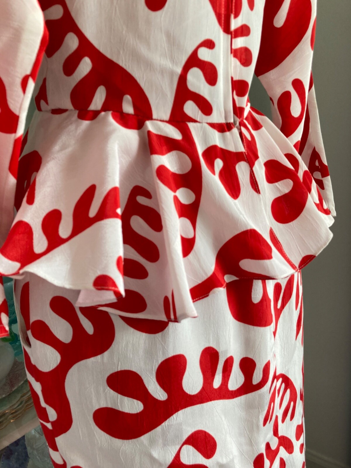 Vtg 80s Billy Jack For Her White & Red Amoeba Midi Dress Wiggle Peplum S 32 Retr