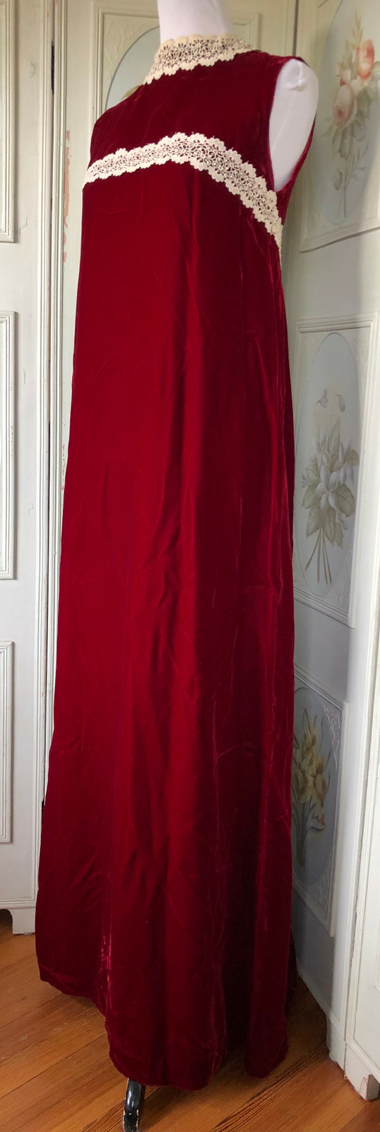 VTG 60s RUBY BLOOD RED VELVET IVORY LACE MAXI DRESS SLEEVELESS BOHO HIPPIE EUC