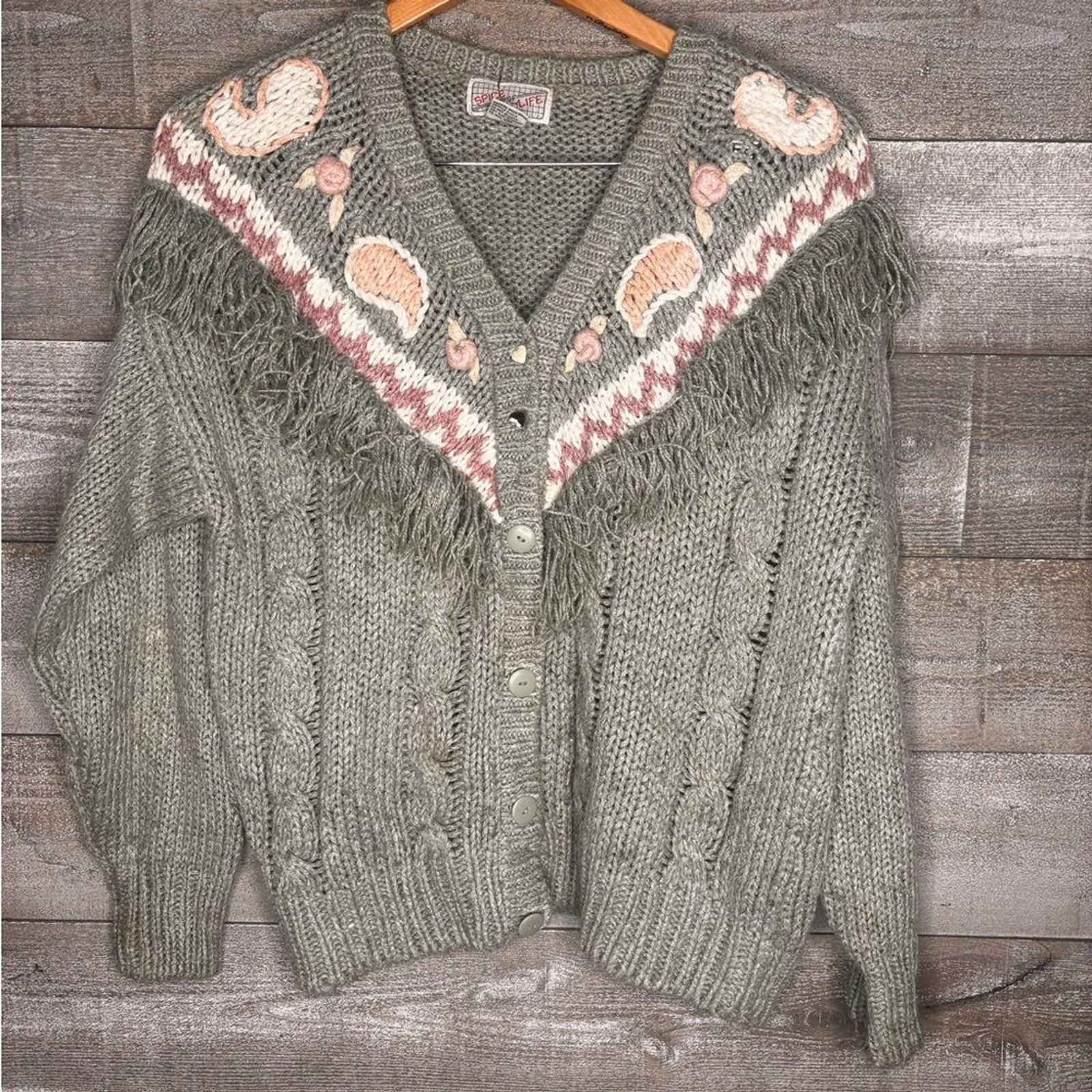 Spice of Life large vintage fringe granny core button up sweater