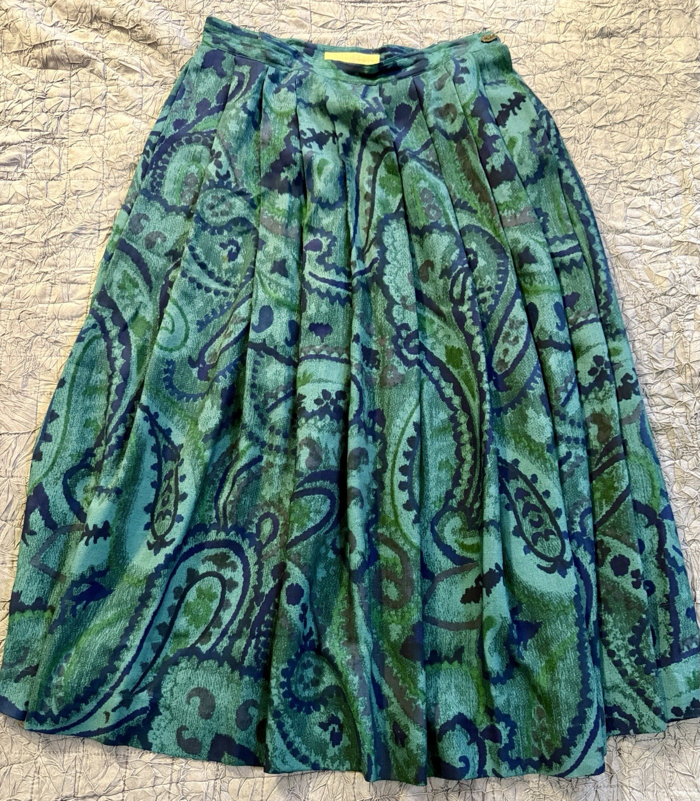VTG Perry Ellis Wool Silk Paisley Skirt 14 Midi Green Blue Golden Girl Core 80s
