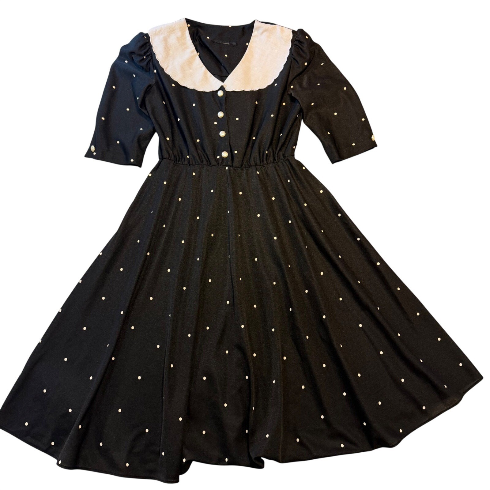 Rockabilly Polka Dot Midi Dress black Pinup Peter Pan Collar Pearl Button 80 90s