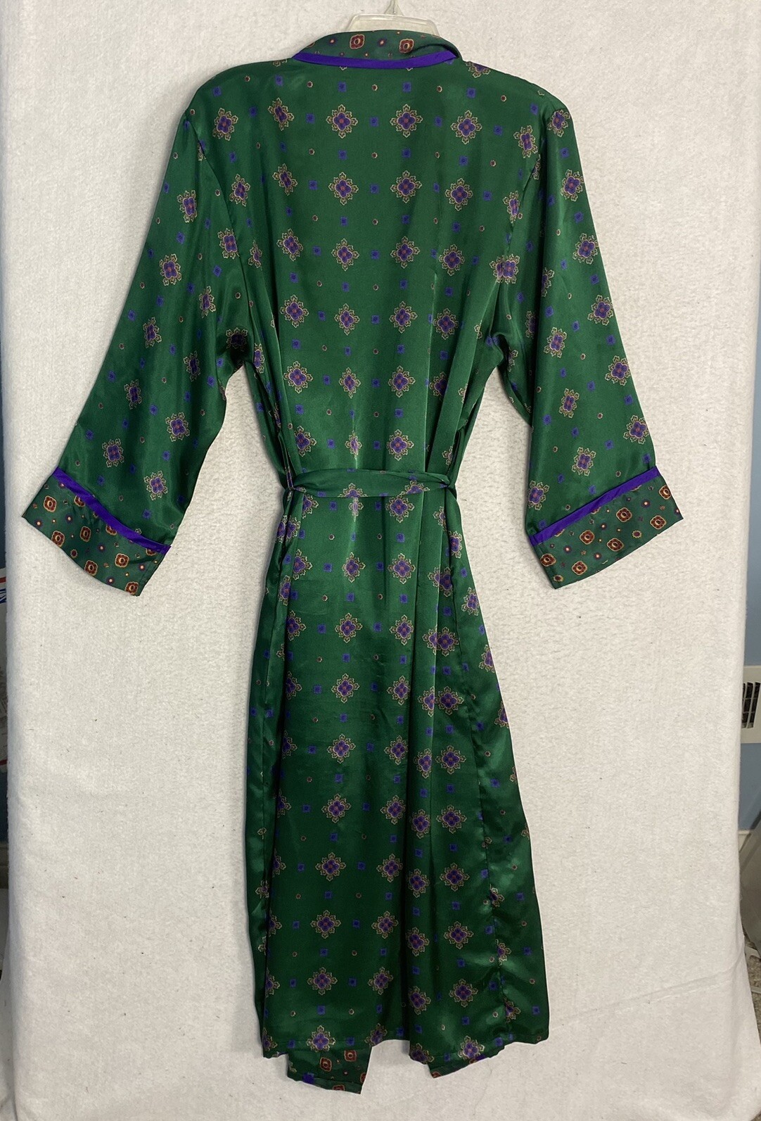 VTG Kimono ROBE Lingerie Size S Green Geometric Belted Women’s Satin Pocket