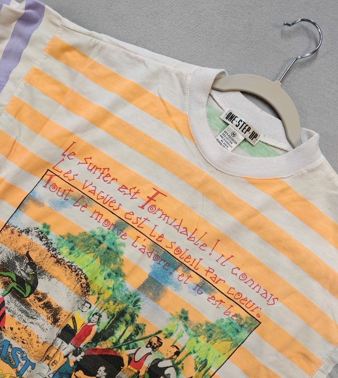 One Step Up Vintage 1980s French Multi-Color Striped Tee Couples Beach/Surfers