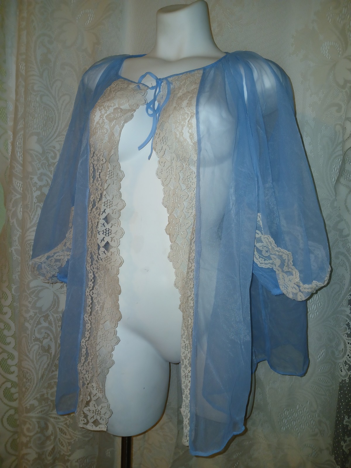 Vintage 50s Blue Sheer Chiffon Nylon Lace Peignoir Robe Babydoll Lingerie L EUC