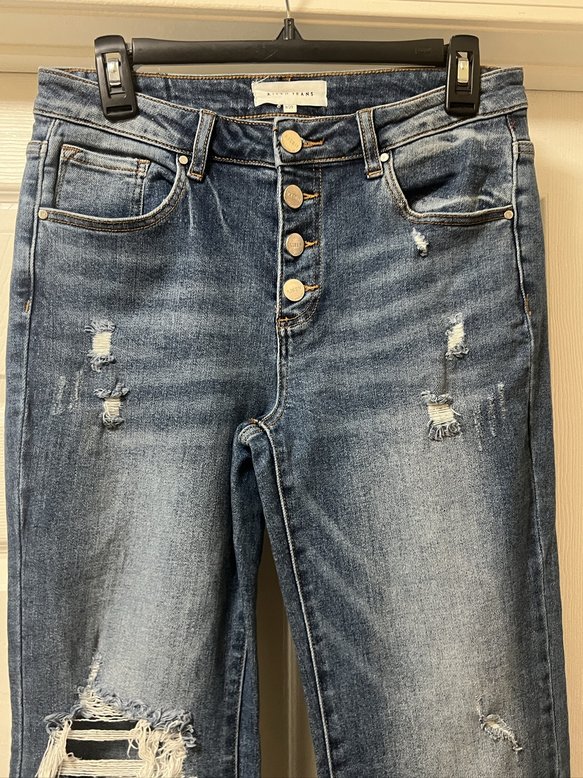 Risen Jeans Womens Distressed High Rise Button Fly Flare Denim 29