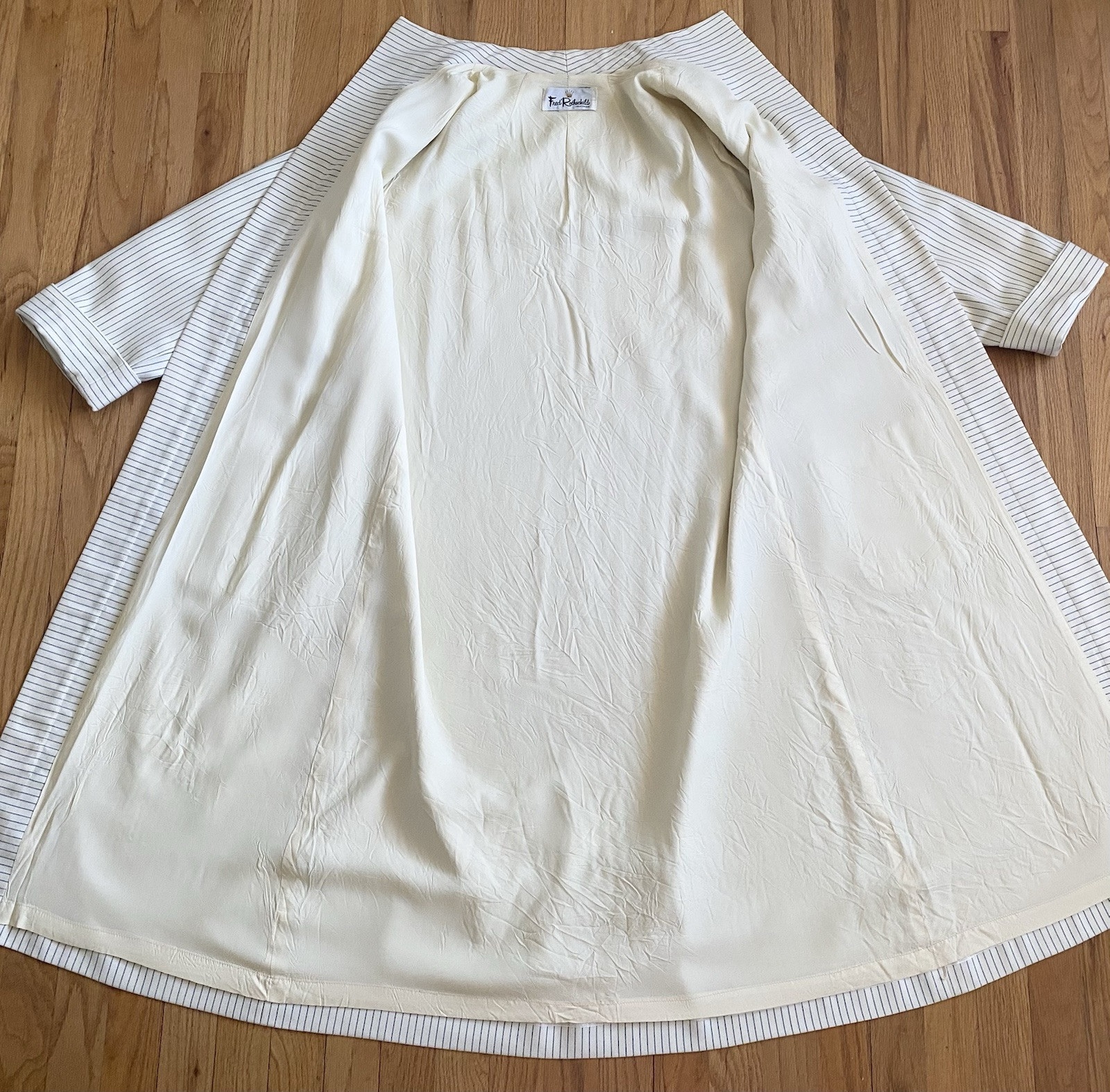 Vintage 60s FRED ROTHSCHILD Duster Coat *Large* Ivory Blue White Striped Spring