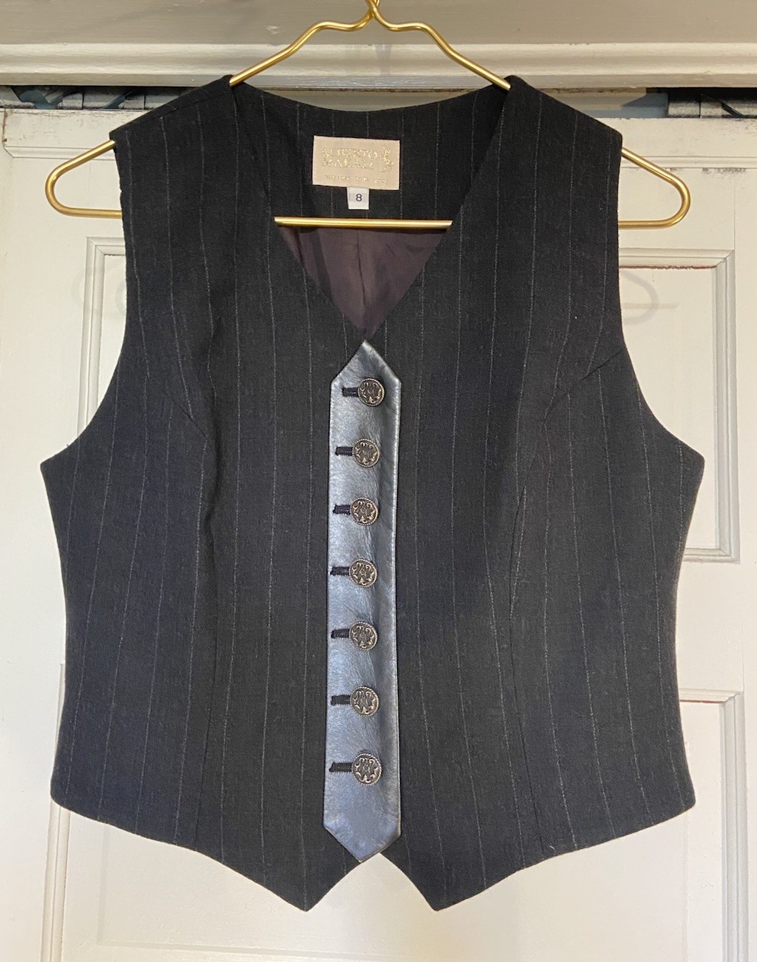 VTG Alberto Makali Wool Vest Genuine Leather Trim Pinstripe Waistcoat Womens S 8