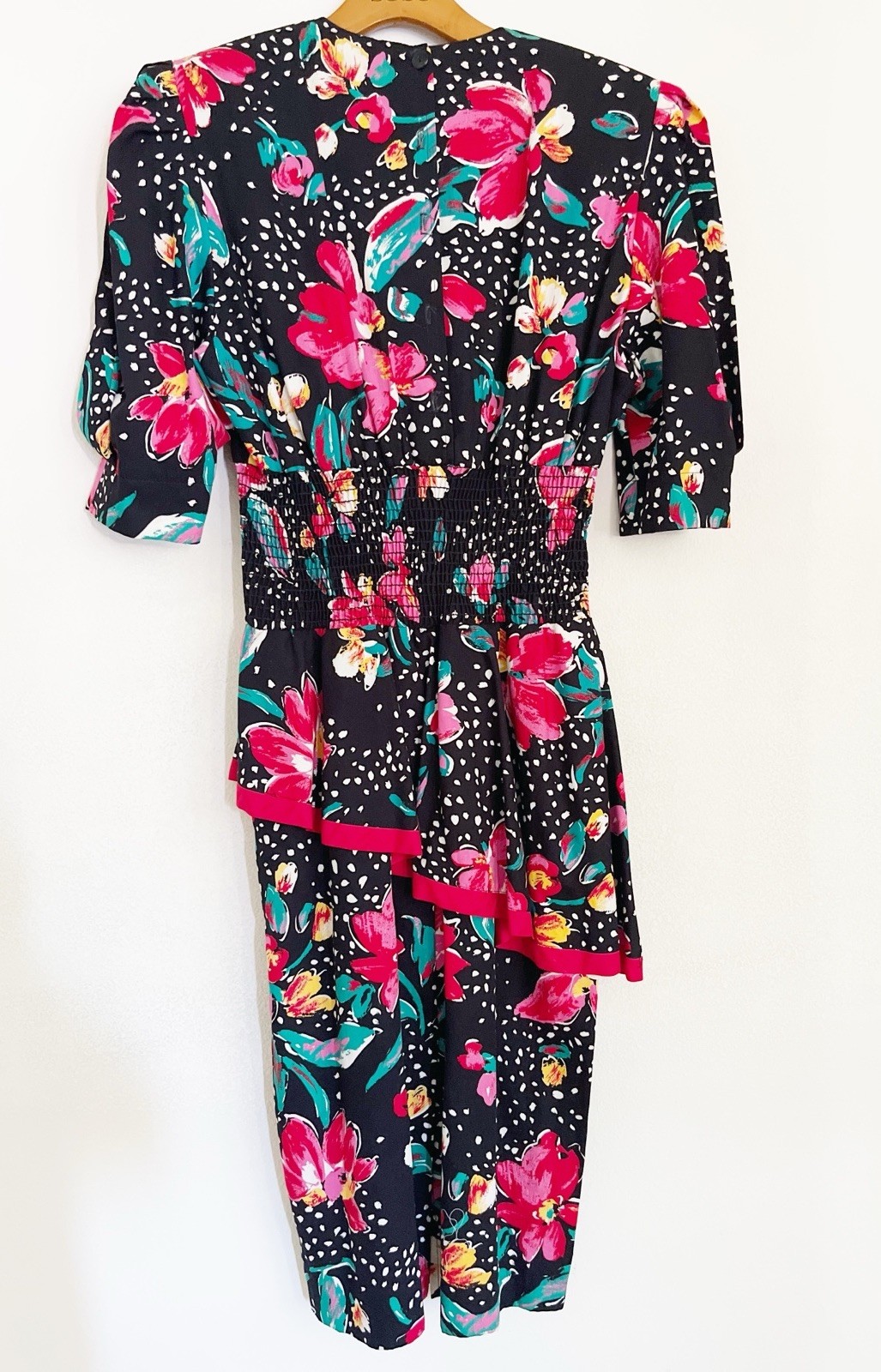 Vtg 80s Choon California USA Dress Women 6 Black Floral Print Peplum Cotton