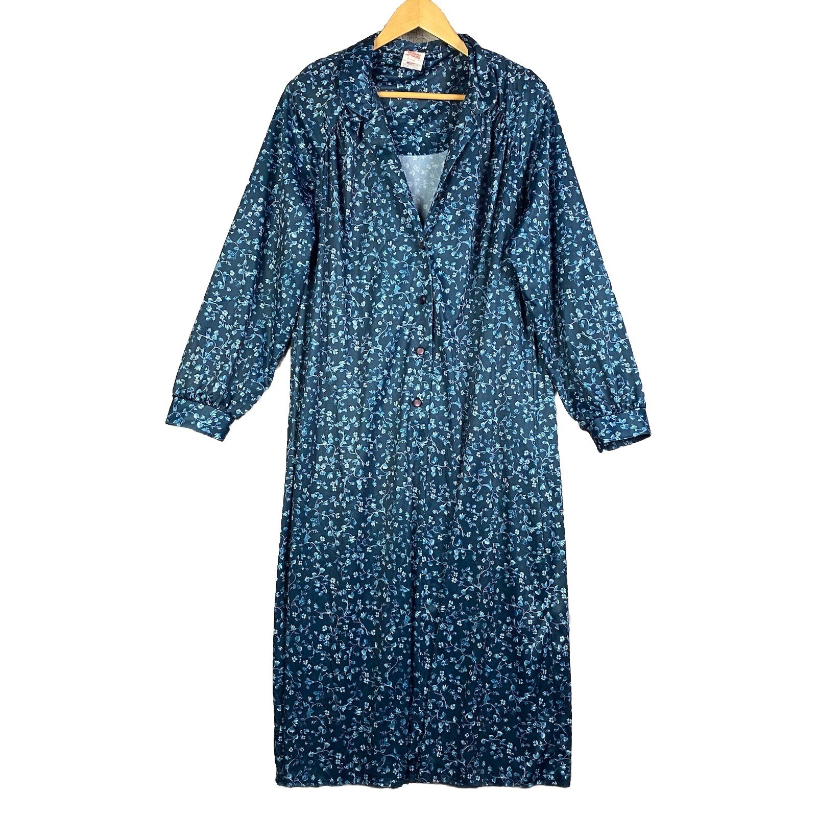 Buttons 'n’ Bows House Dress Womens 22.5 Blue Floral Vintage Button Front Robe