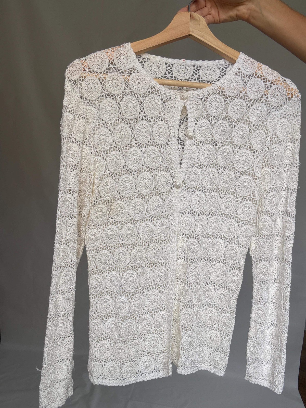 Vintage white crochet top, cottagecore Roonsy Mara cue, US M, casual bohemian ch