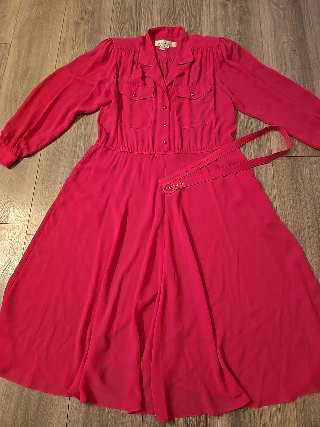 Vintage 1980s Ms Chaus Pink Belted Secretary Dress Size 12 Silky Button Down
