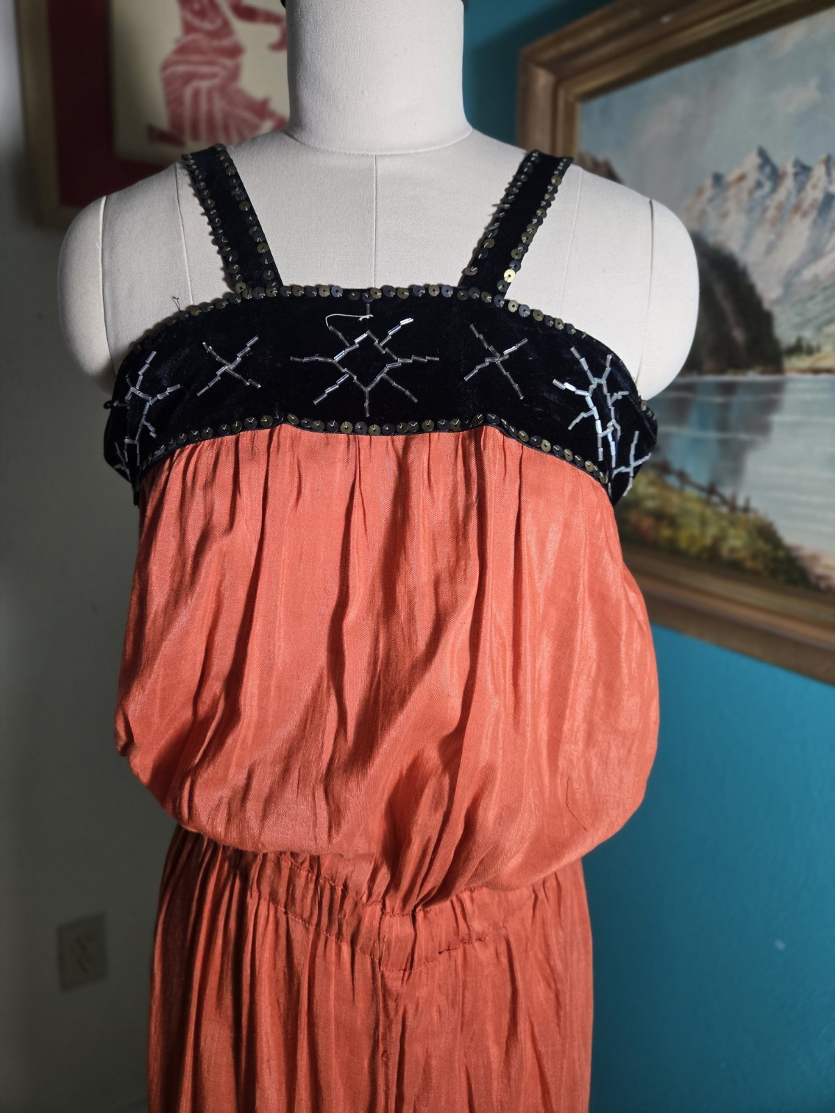 Vtg 1920s 1930s Orange Cotton/Silk Beach Pajamas Romper Velvet Sequin