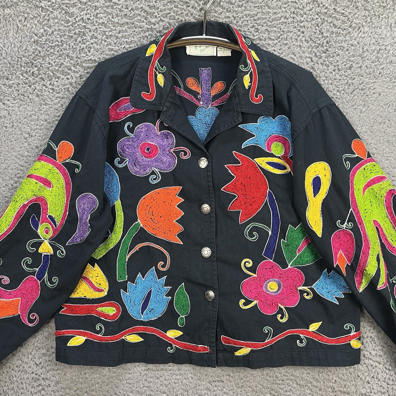 VTG Floral Embroidered Jacket Womens Large Full Button Vibrant Artsy Colorful