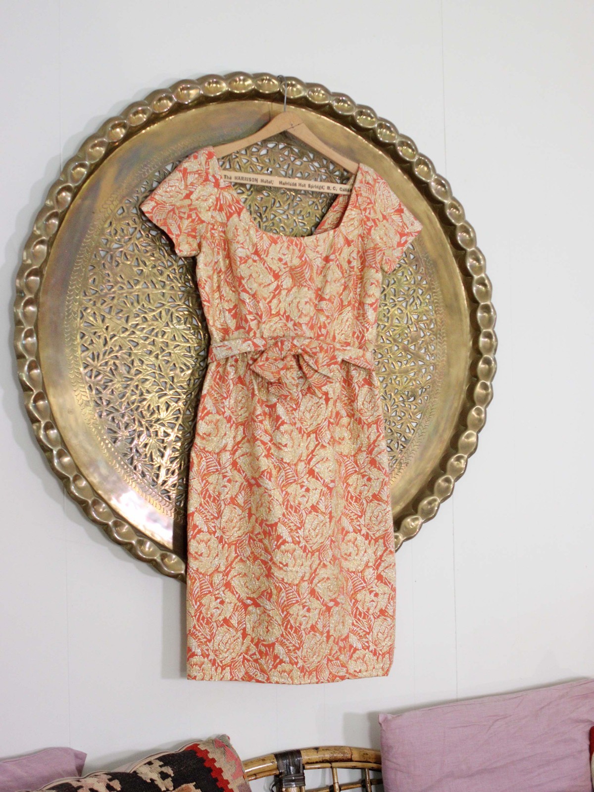 Vintage Ceil Chapman 1950s Designer Wiggle Dress Coral Pink Metallic Gold Rose