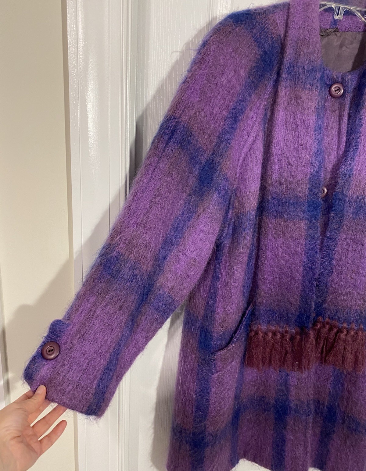 90s Donegal Design Mohair Wool Plaid Scarf Collar Coat Ireland Made VTG Large