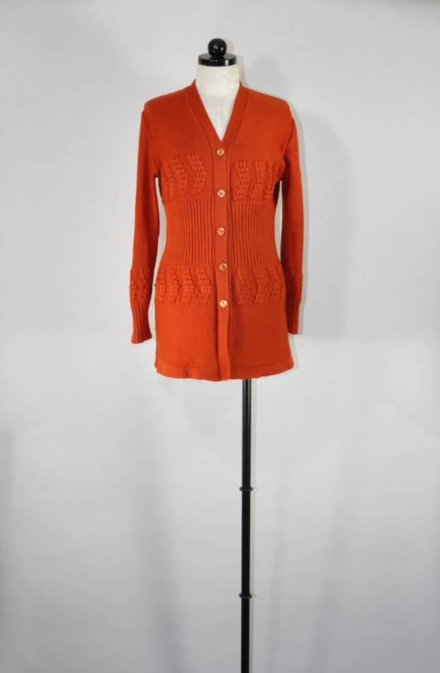 70s Autumn Rust Orange Pointelle Ribbed Knit Button Up Sweater Cardigan Women M