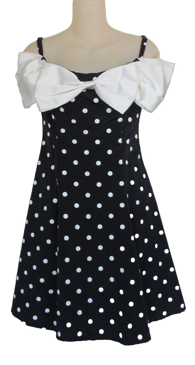 Vintage 80s BY CHOICE Size 7 Polka Dot Off Shoulder Dress w/ Large Satin Bows