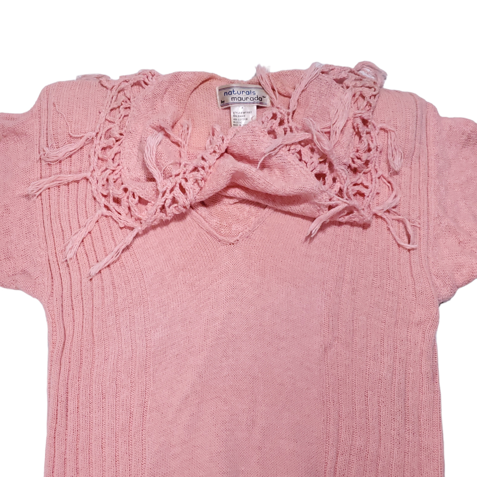 VTG 80s Naturals by Maurada S/S Knit Sweater Top Womens S Pink Fringe Barbie