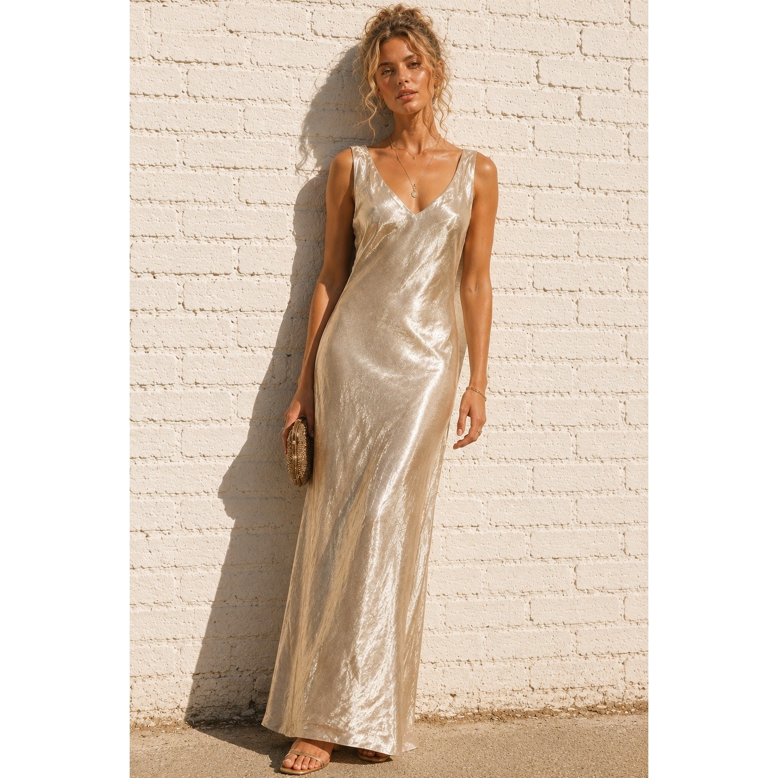 Vintage Alex Evenings Champagne Metallic Rayon Slip Maxi Dress 90s Formal 12