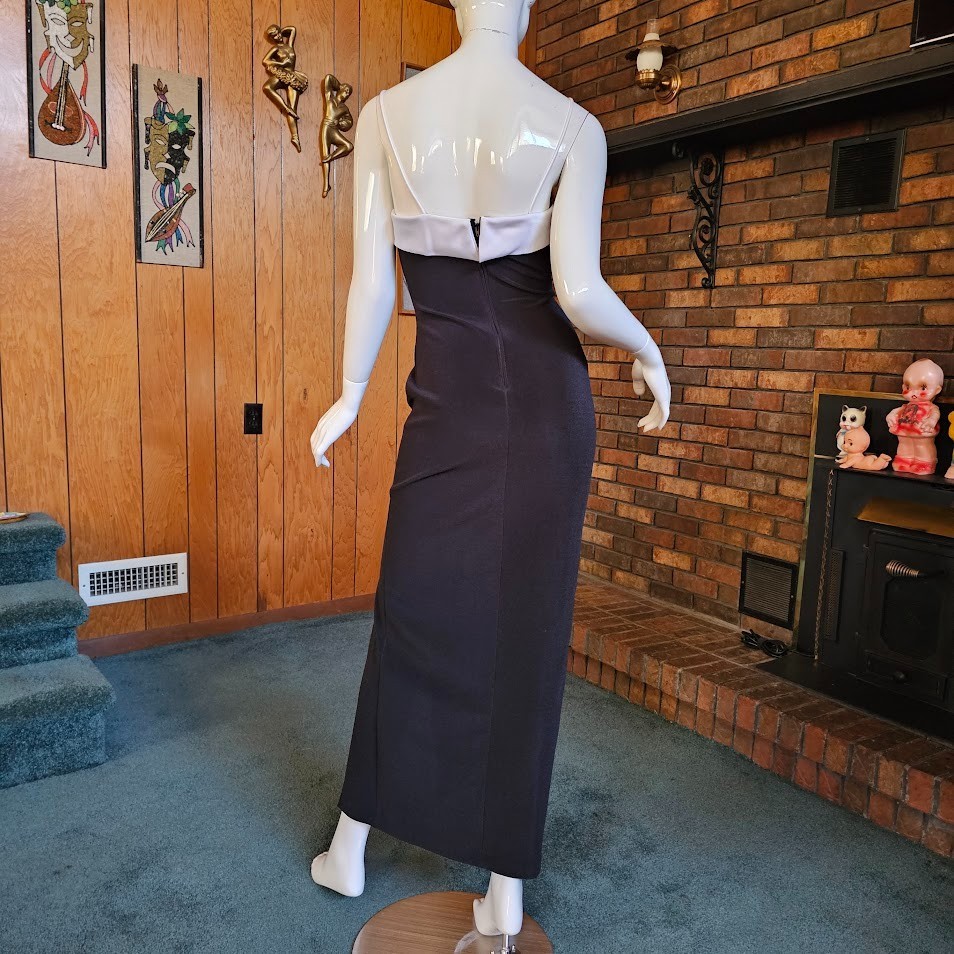 Vtg 90s Cache Tuxedo Plunging Evening Cocktail Party High Slit Wiggle Dress S/M