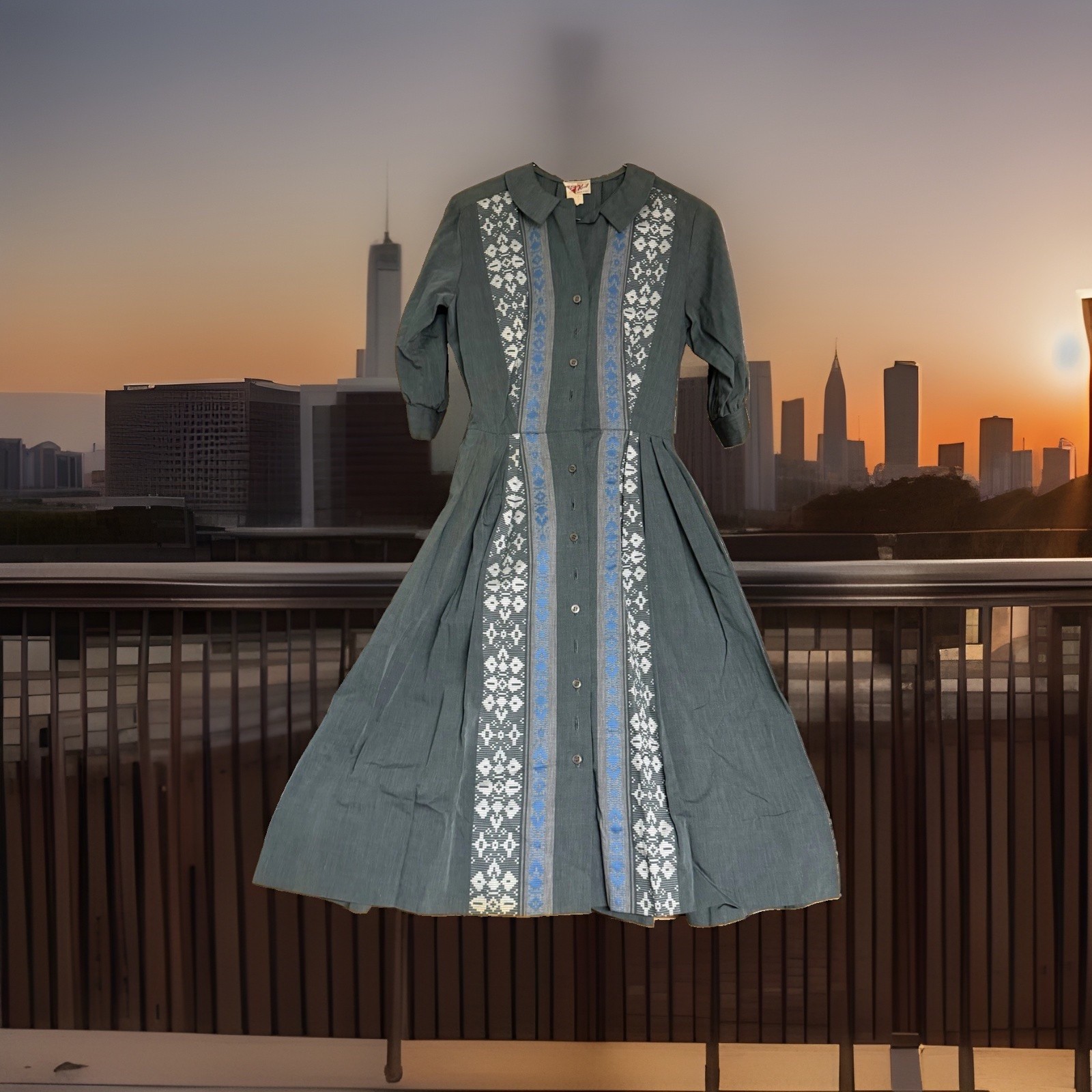VTG 60s Abby Kent New York Shirtwaist Dress Cotton Pleated Embroidered Sz 11 NOS