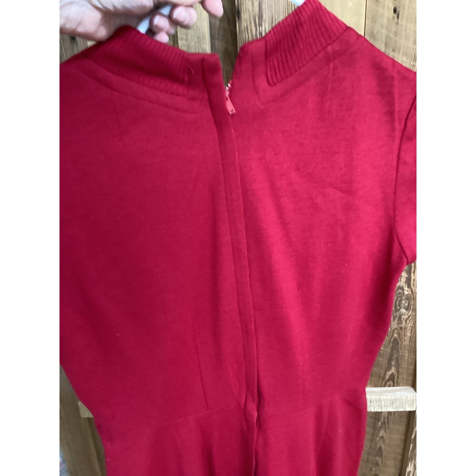 Carlye Vintage Red 2 Piece Sheath Dress and Cropped Jacket Set Ribbed Trim