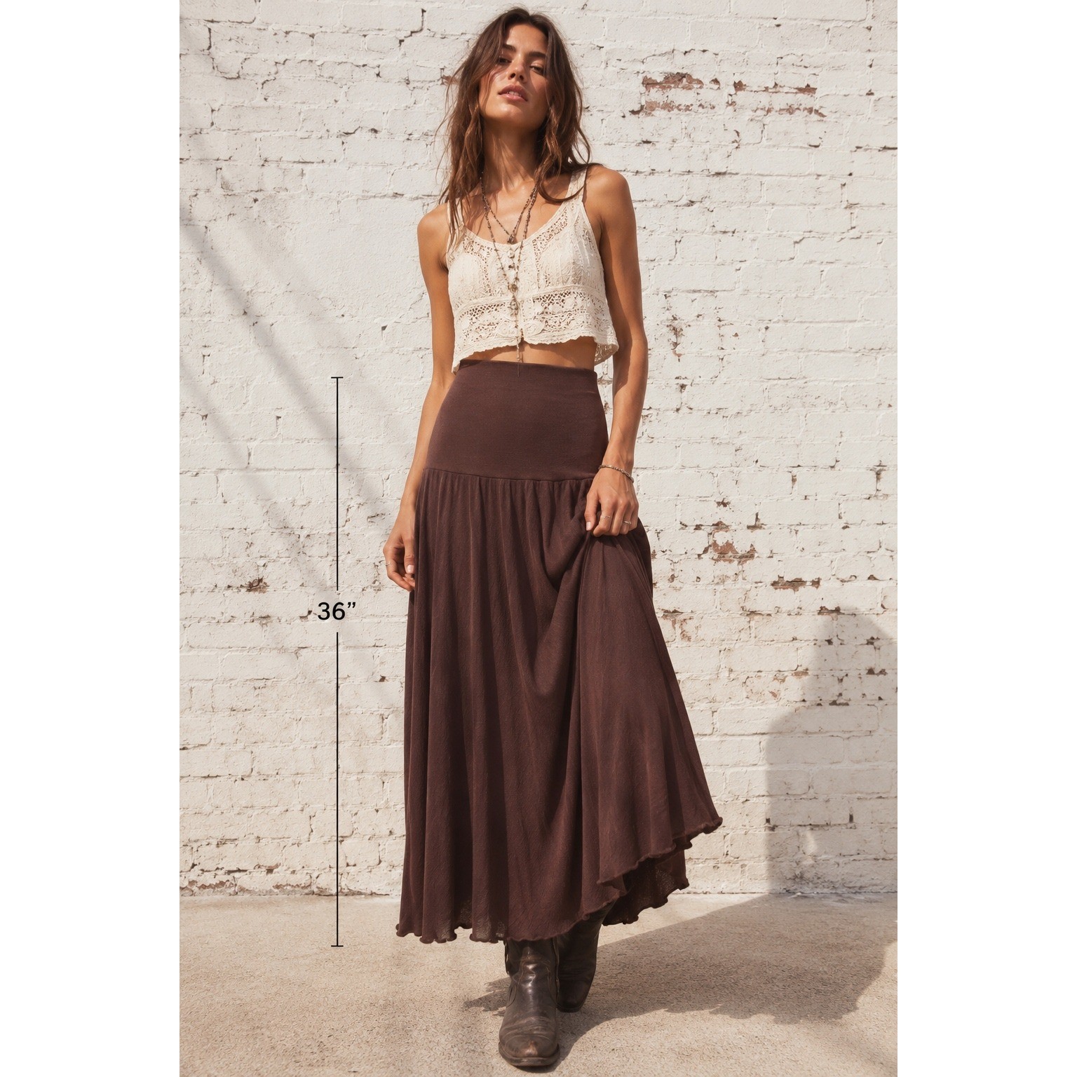 Vintage Brown Rayon Blend Knit Midi Skirt High Waist Flared Boho 90s XL