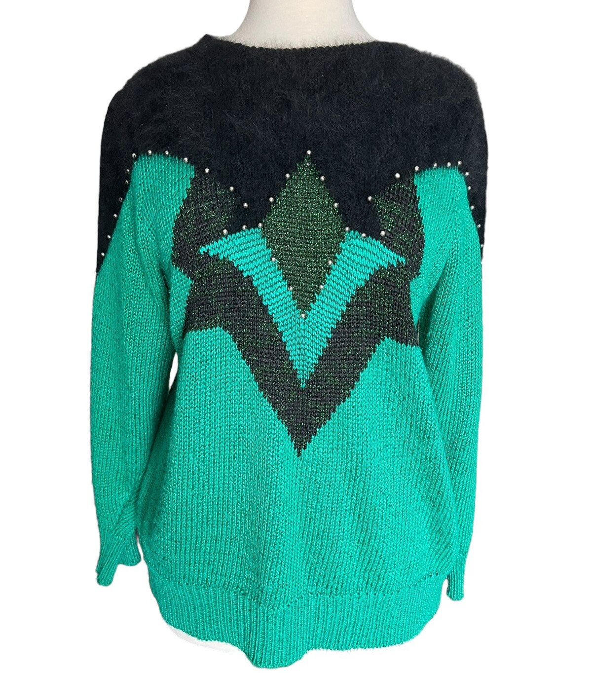 80s VTG ANGENIE Sz L Beaded Green Black Ramie Rayon Cotton Angora LS Sweater
