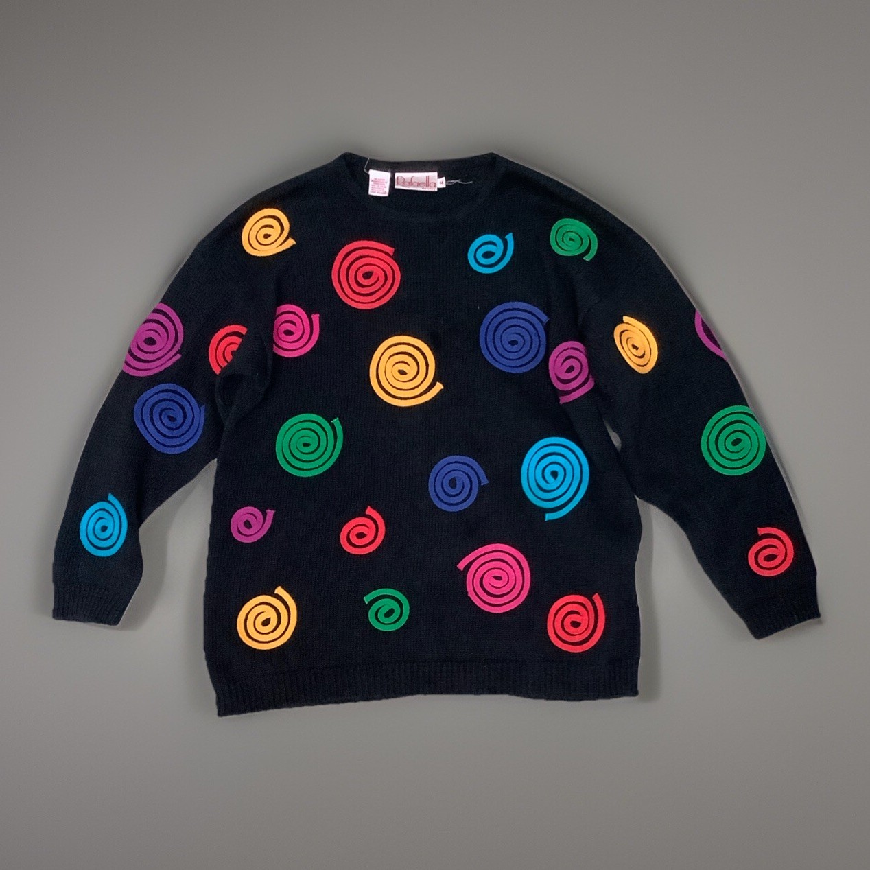 Rafaella Petites VTG Black Knit Multicolored Swirls Women’s Medium Sweater