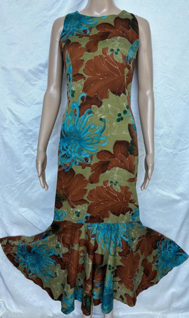 Malahini Hawaii Sheath Aloha Dress Trumpet Flared Ruffle Hem Tropical Barkcloth