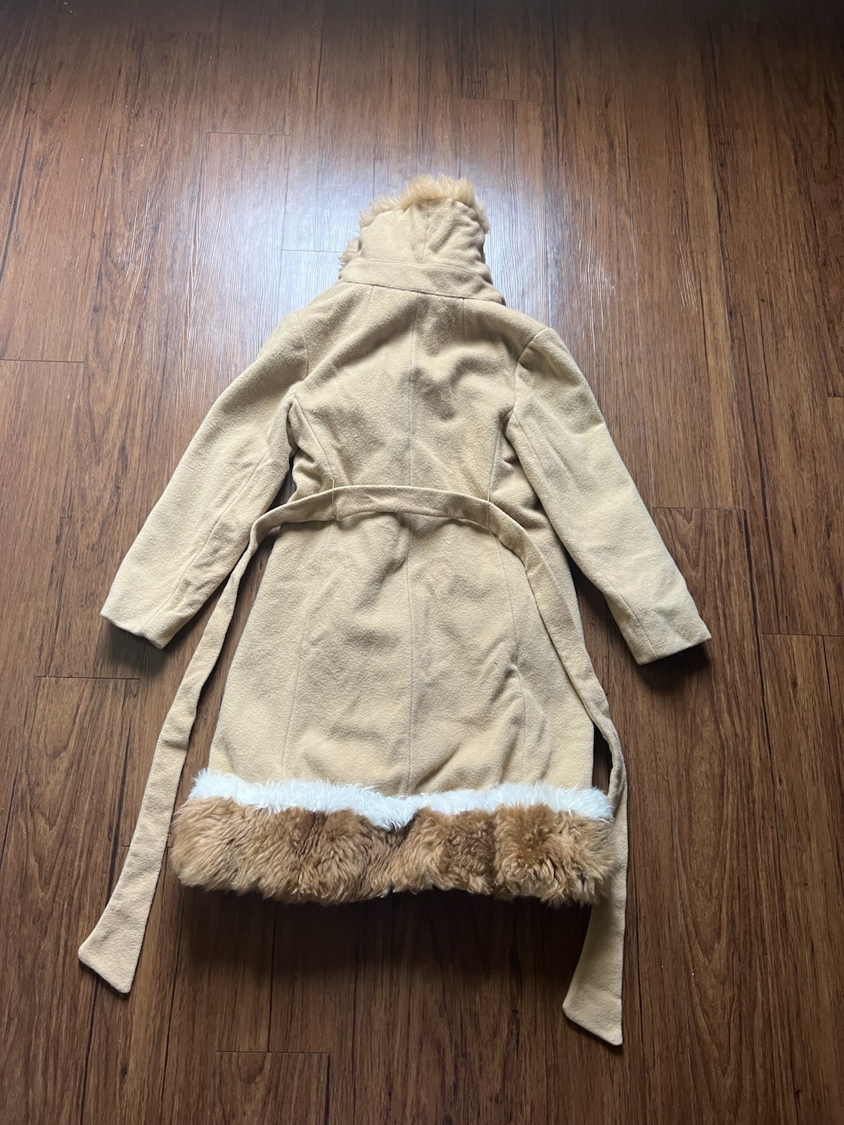 VTG 70s Penny Lane Wool Coat Faux Fur Collar Trim Belted Boho Princess Camel S