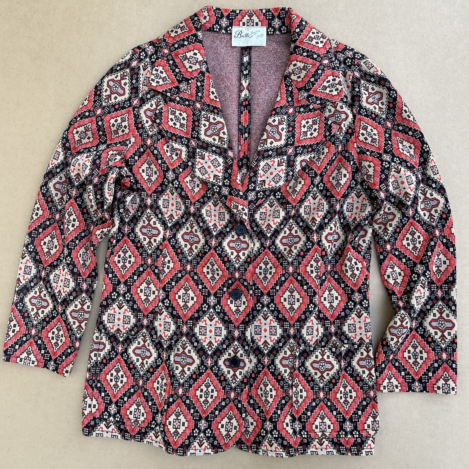 VTG Butte Knit Blazer Jacket Red Black Geometric Mod 60s 70s Retro Pattern Women