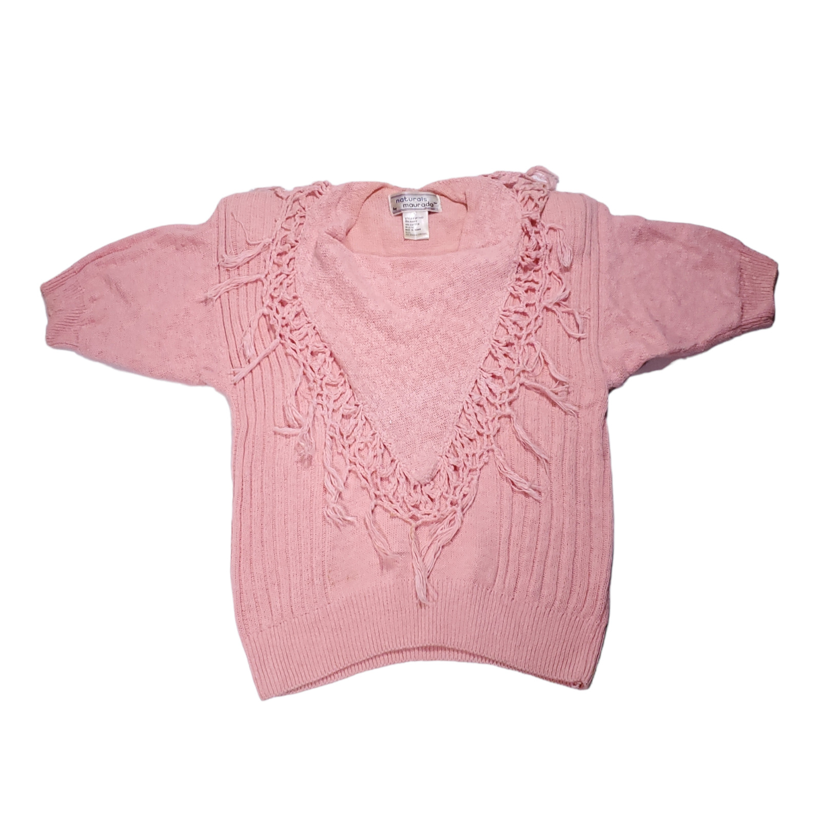 VTG 80s Naturals by Maurada S/S Knit Sweater Top Womens S Pink Fringe Barbie