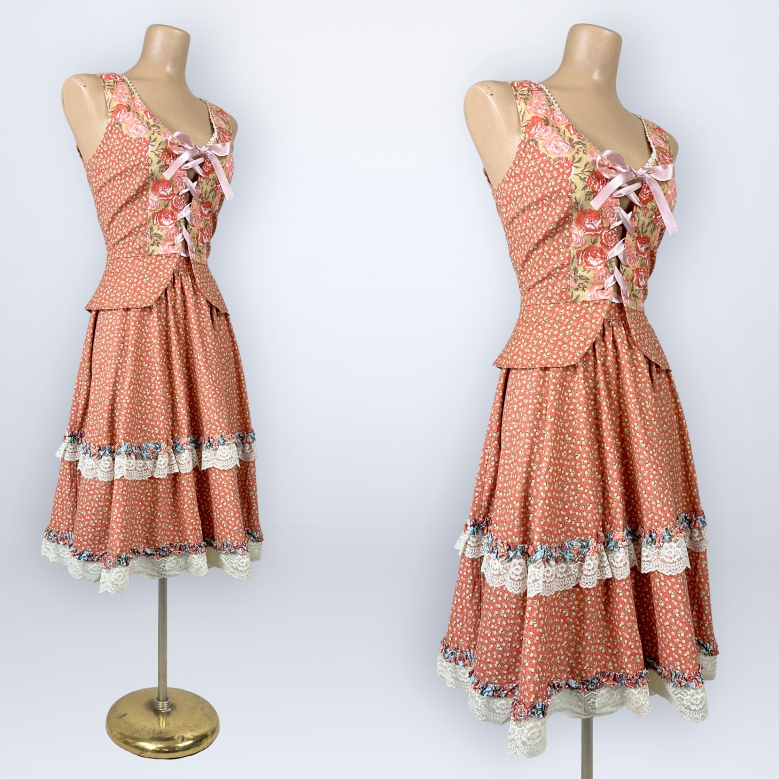 Rare Vintage 1970s Homespun Ltd Two-Piece Corset Top Skirt Set Prairie Calico