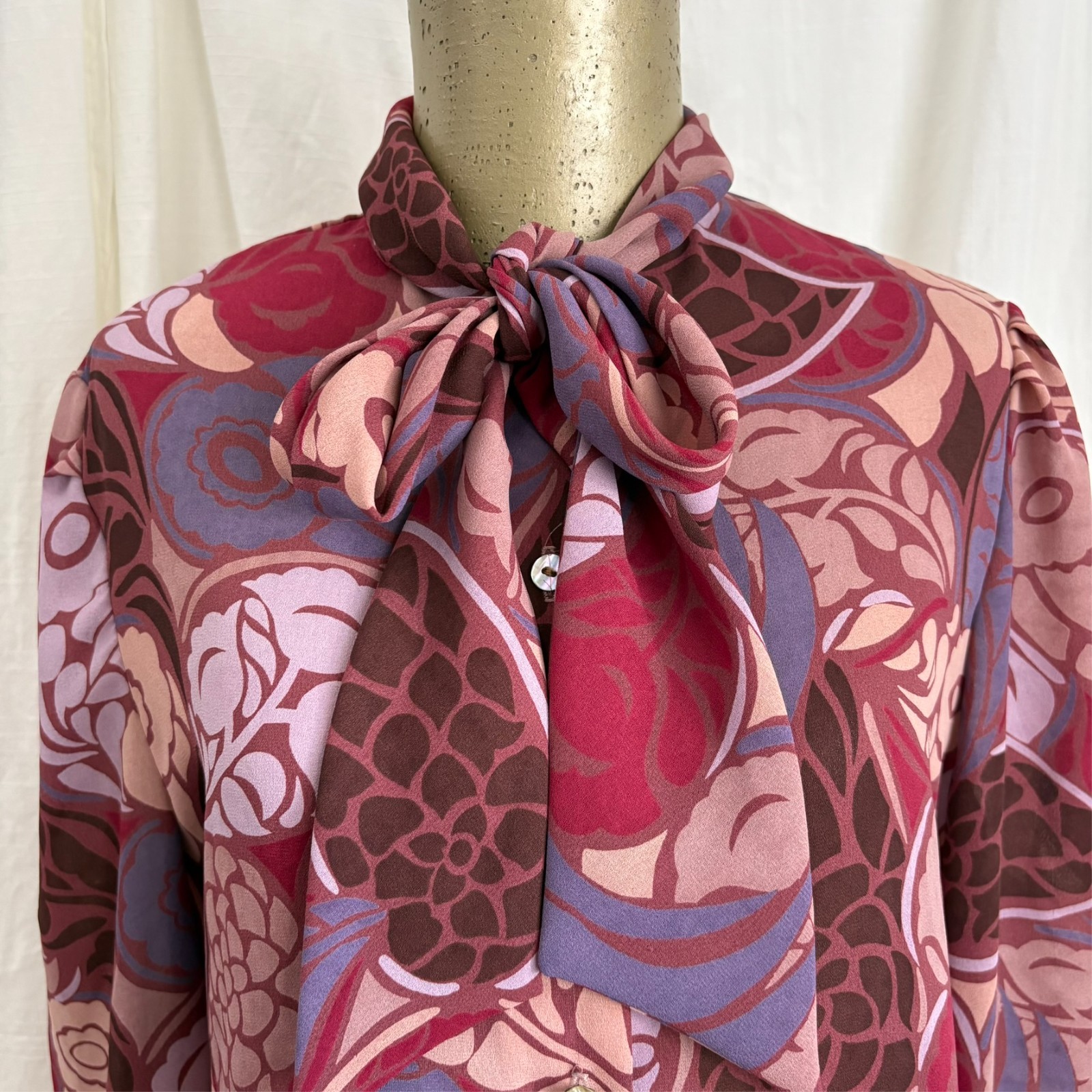 Vintage 1970s Austin Hill Pink Purple Blouse Top Retro Union Made Tie Bow M/L