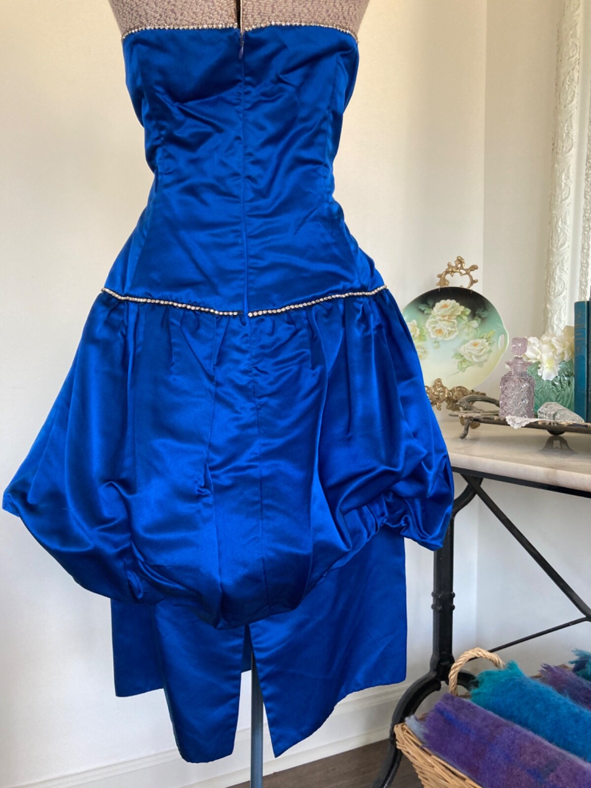 Vintage CACHE Peacock Blue Silk Bubble COCKTAIL Dress Rhinestones Strapless 36