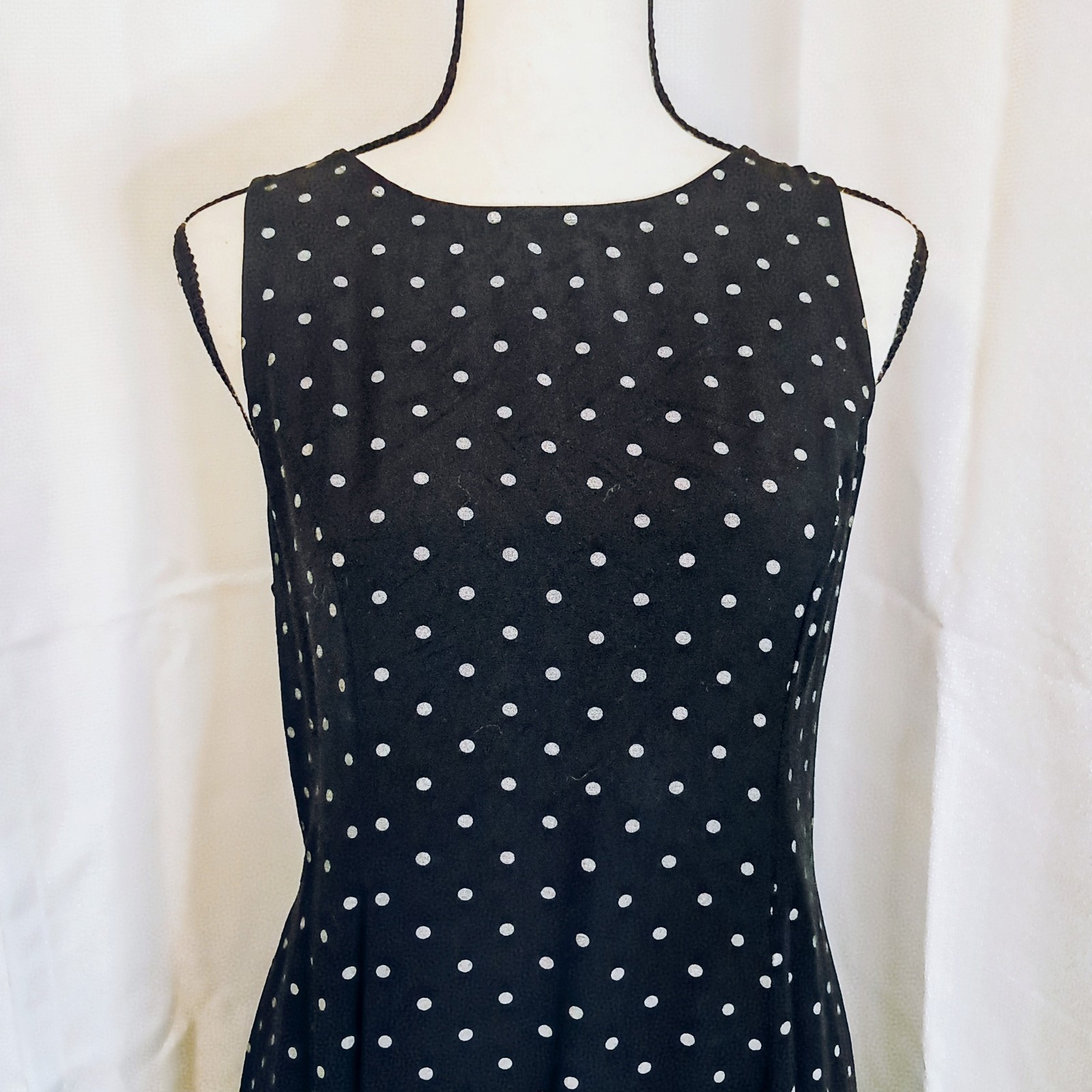 Vtg 90s Casual Corner Black Cream Polkadot Midi Dress Corset-Style Back 11/12