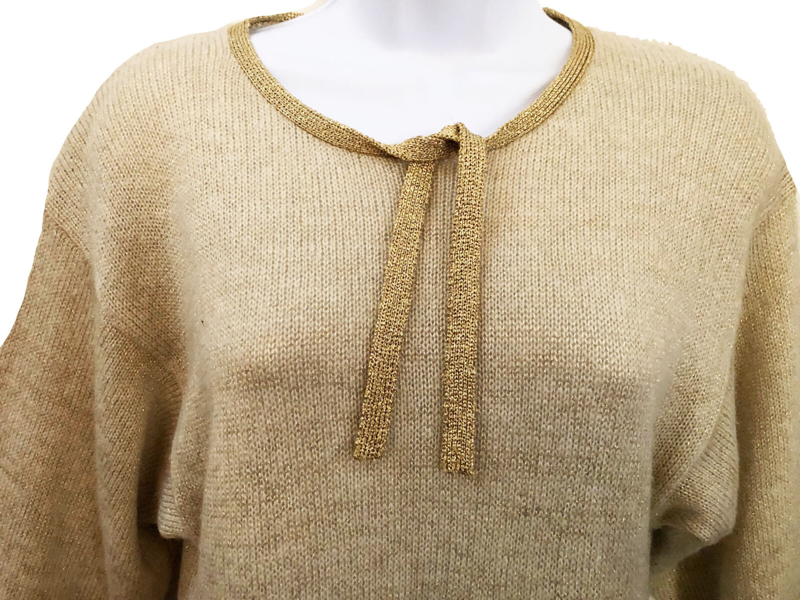 Halston III VTG 70s Pale Beige metallic Gold Trim Sweater Sheath Chic Dress M