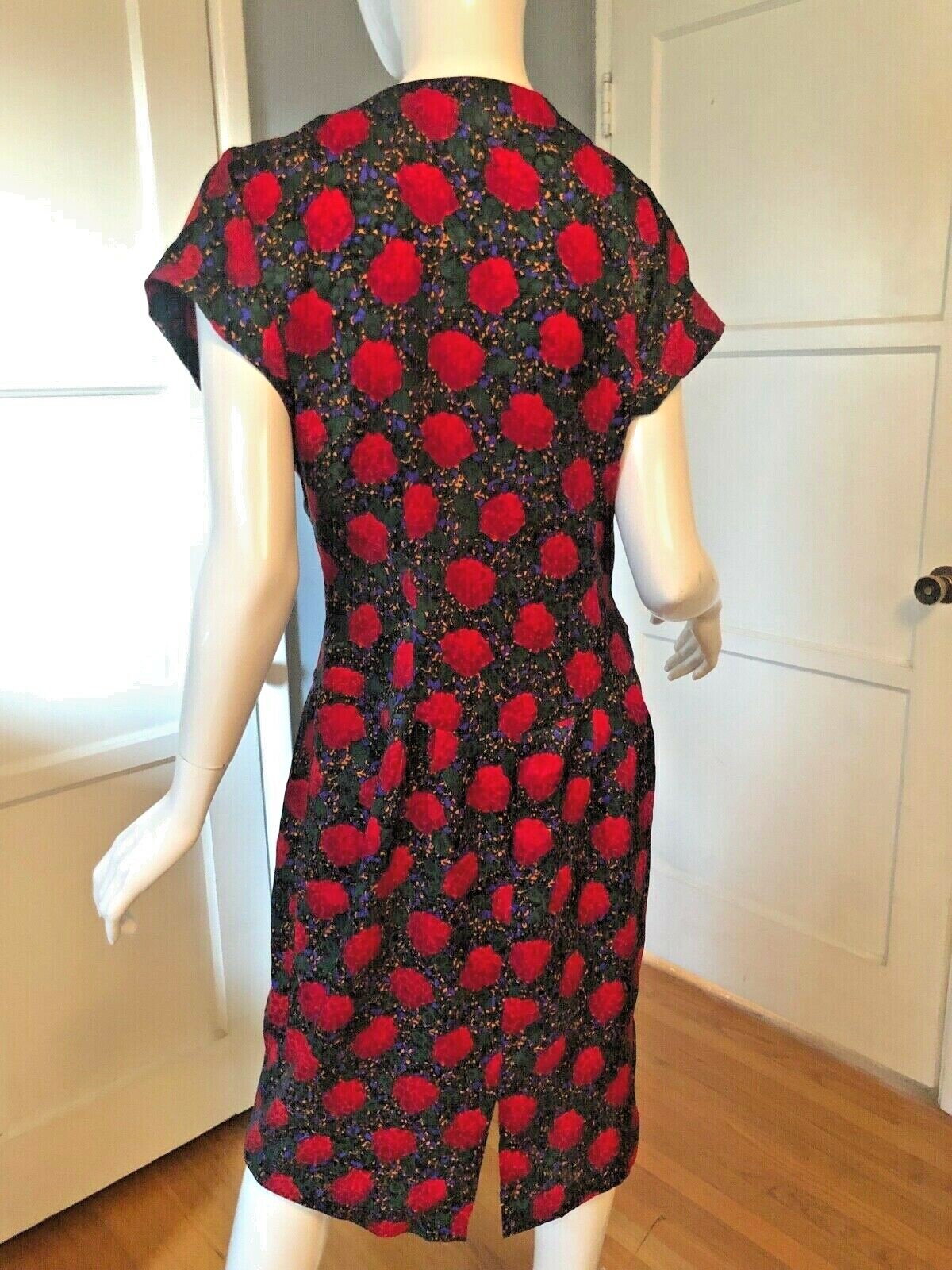 Dress M Vtg 80s Silk ART FLORAL Button Front TROPHY Sexy Secretary WEDDING GUEST