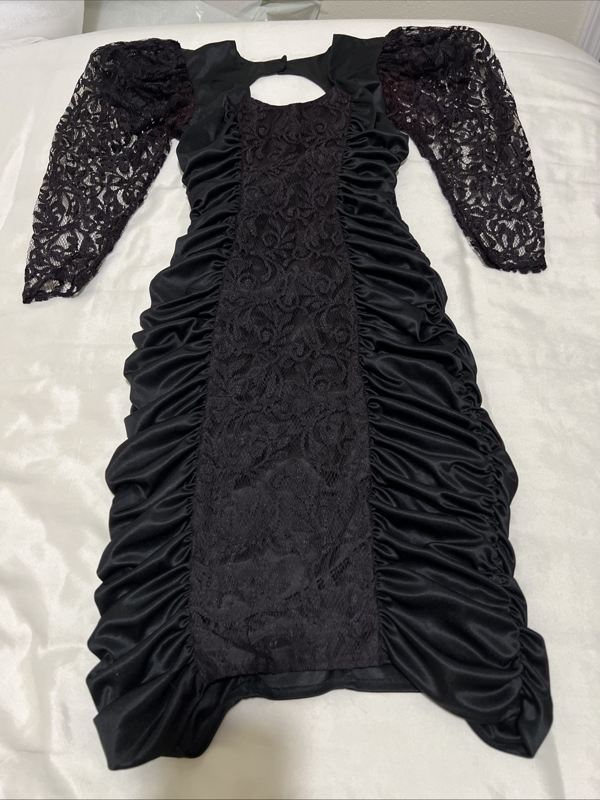 VTG 80s Mayvens California Bodycon Dress Cocktail Black Puff Sleeve S Juniors 3