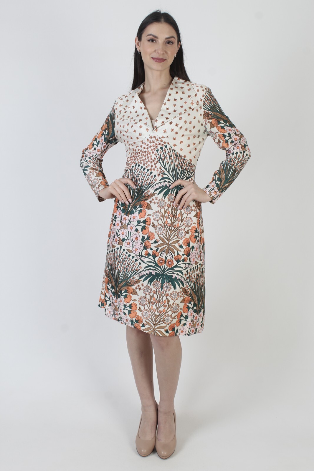 Vtg 60s Floral Print Dress Dagger Collar Nature Knee Length Cocktail Nature