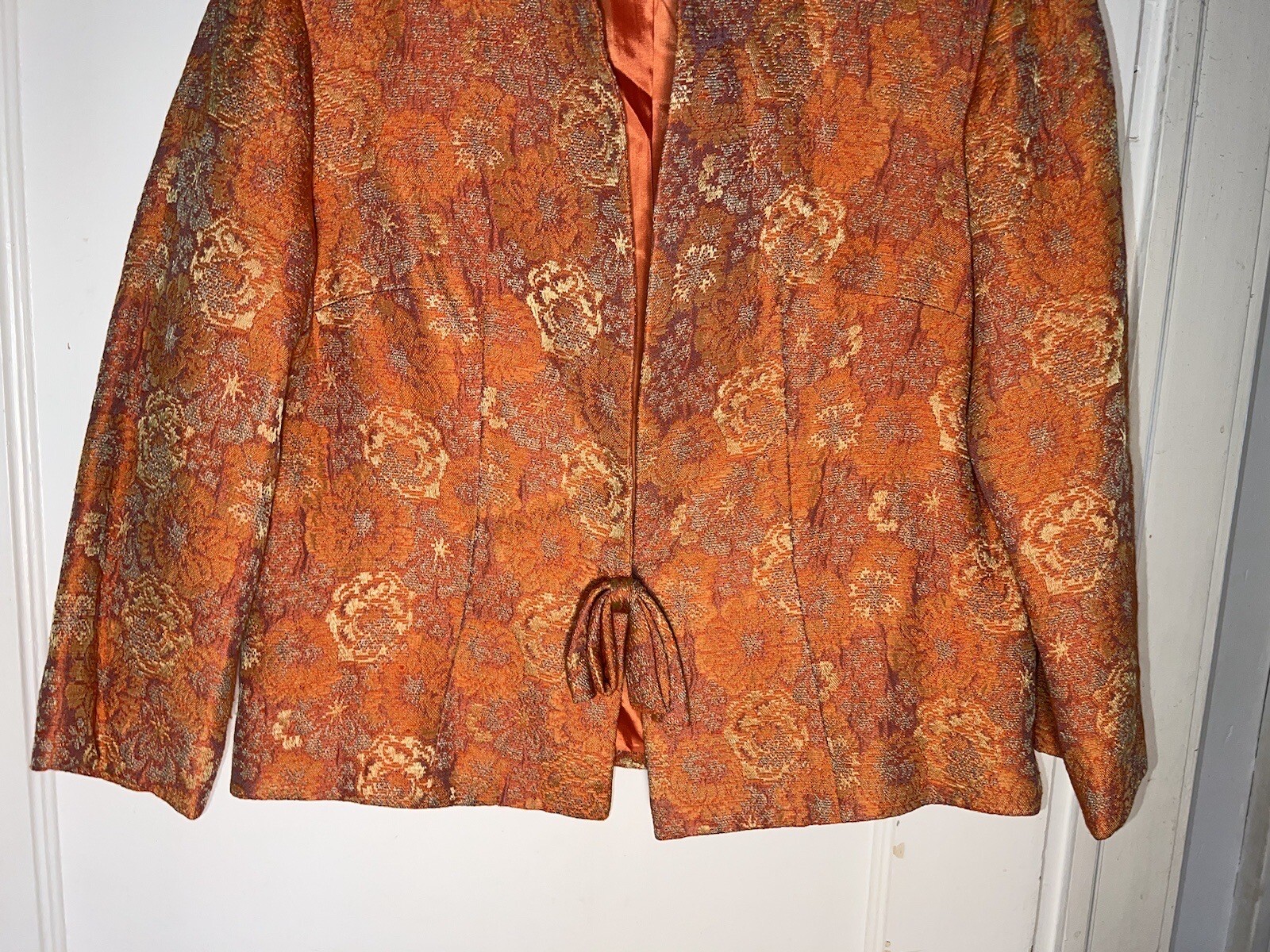 Vintage L’Aiglon 1950’s Orange Floral Rayon Brocade Dress Jacket Size M. d240