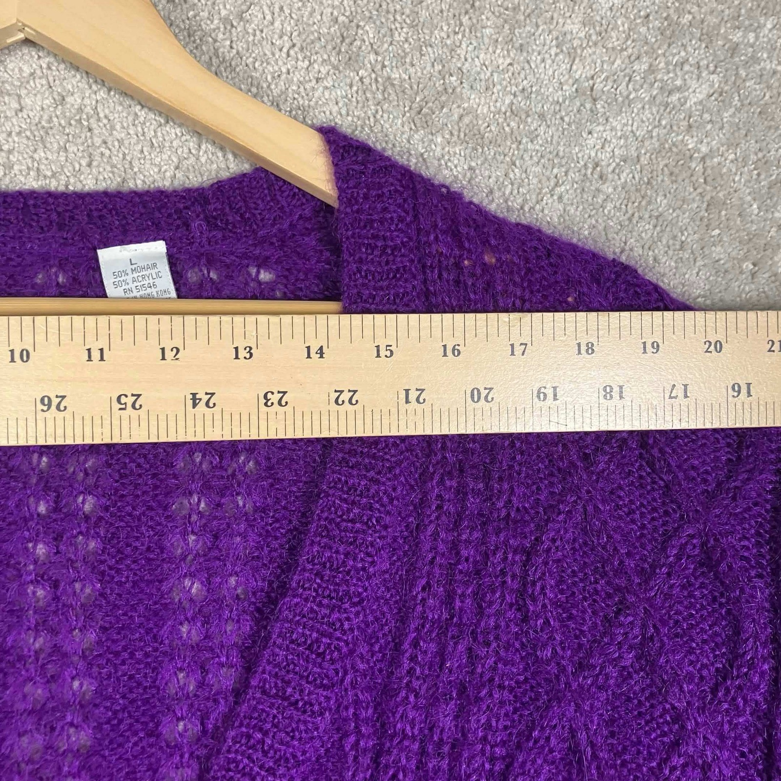 Vintage Purple 50% Mohair Blend Cable Knit Cardigan Sweater Womens Large Acrylic