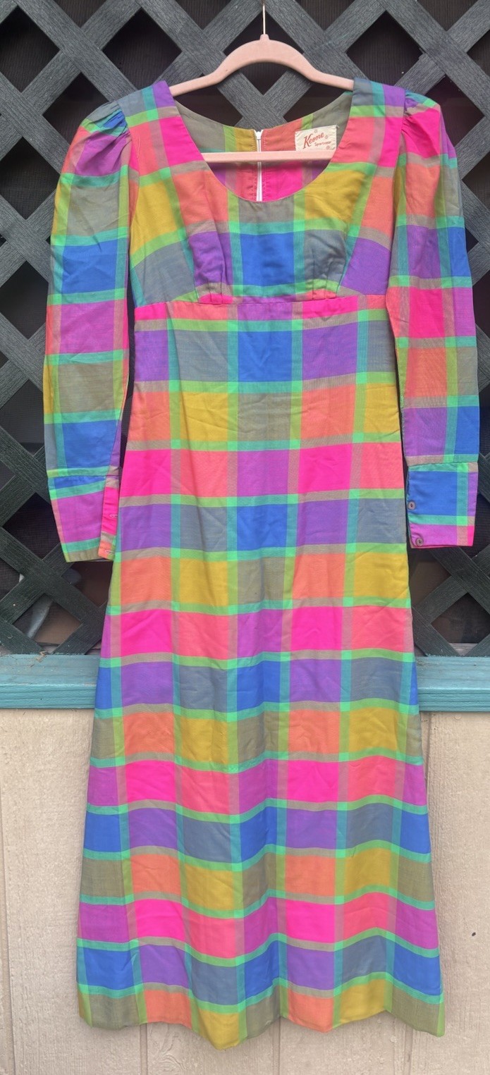 Vtg 60s 70s Keone Sportswear Hawiian Maxi Dress Sz Small Plaid Colorful