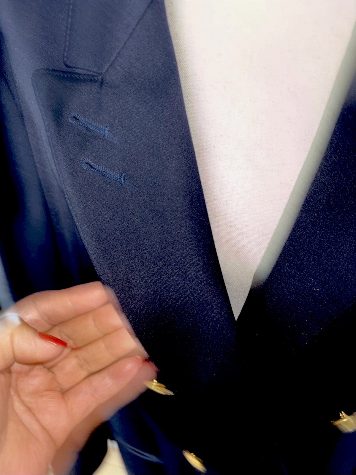 Vtg Your Sixth Sense navy double breasted Virgin Wool Blend blazer Chain Hook