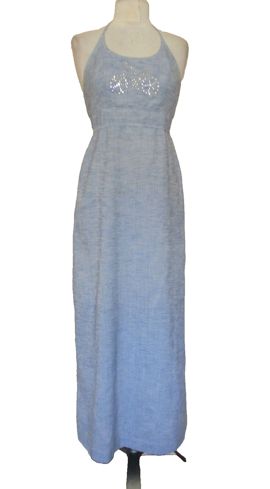 Vintage 60s 70s Halter Maxi Dress XS Women Light Blue Rhinestone Bicycle